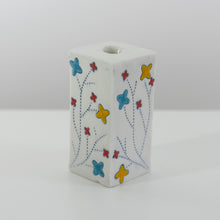 Load image into Gallery viewer, Square bud vase with blue, yellow, and teal flower design.
