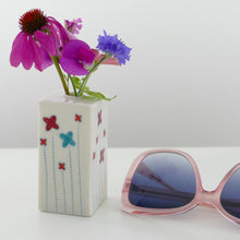 Load image into Gallery viewer, Square Bud Vase with Flowers in Red, Teal and Light Red (med)