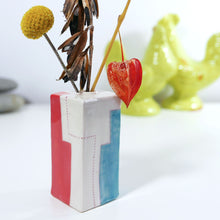 Load image into Gallery viewer, Square City Building Color Block Bud Vase in Turquoise and Light Red (med)