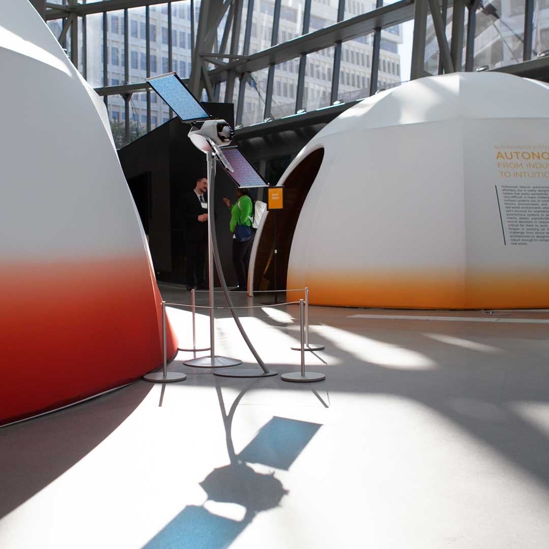 Engineering Possibilities exhibit domes. Yellow: autonomy Orange: positioning, navigation and timing 