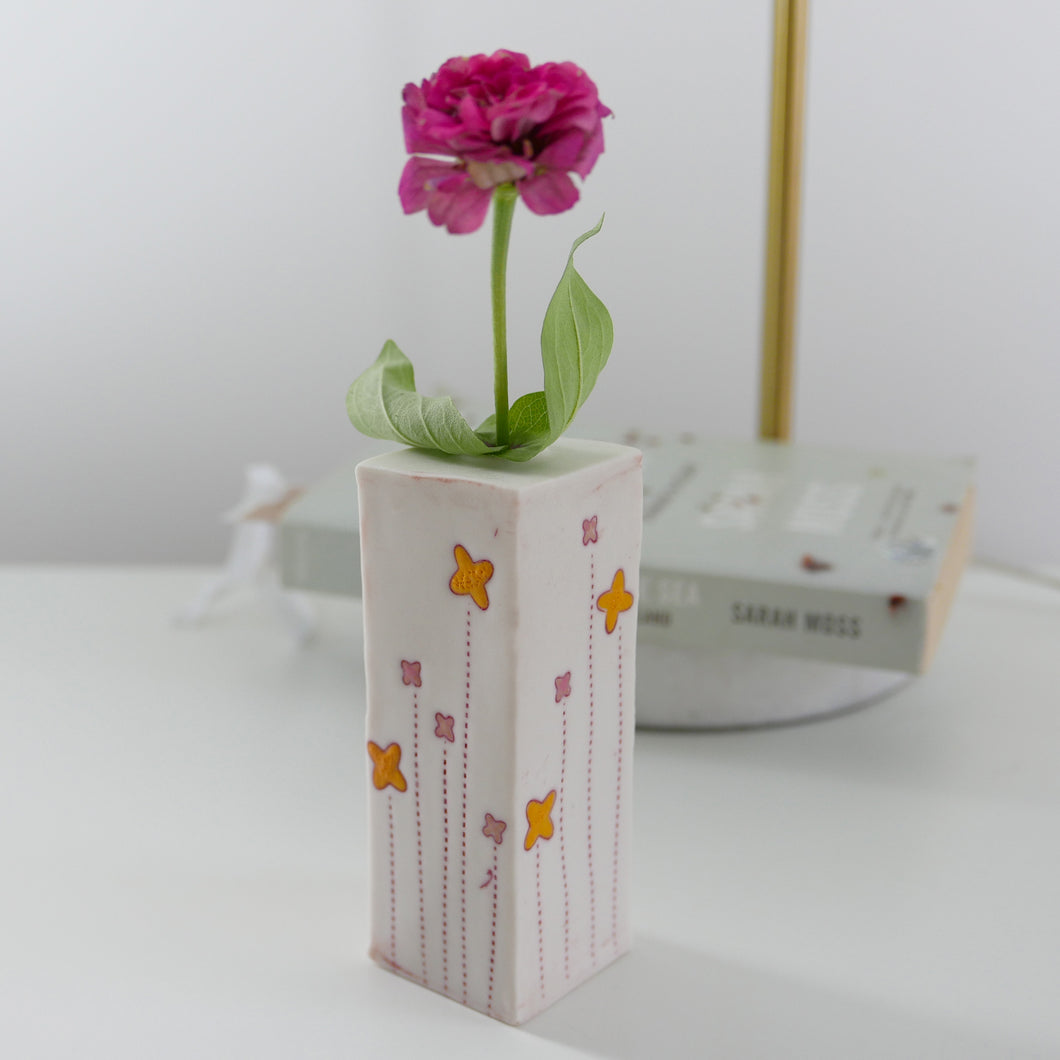 Square Bud Vase with Flowers in Pink and Yellow (lg)