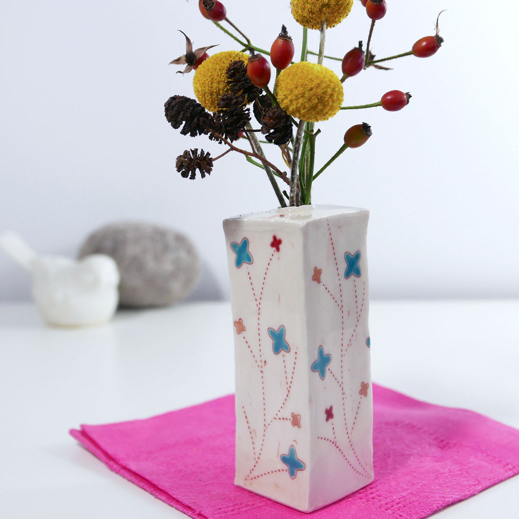 Square Bud Vase Flower Tree in Turquoise, Pink and Red (lg)