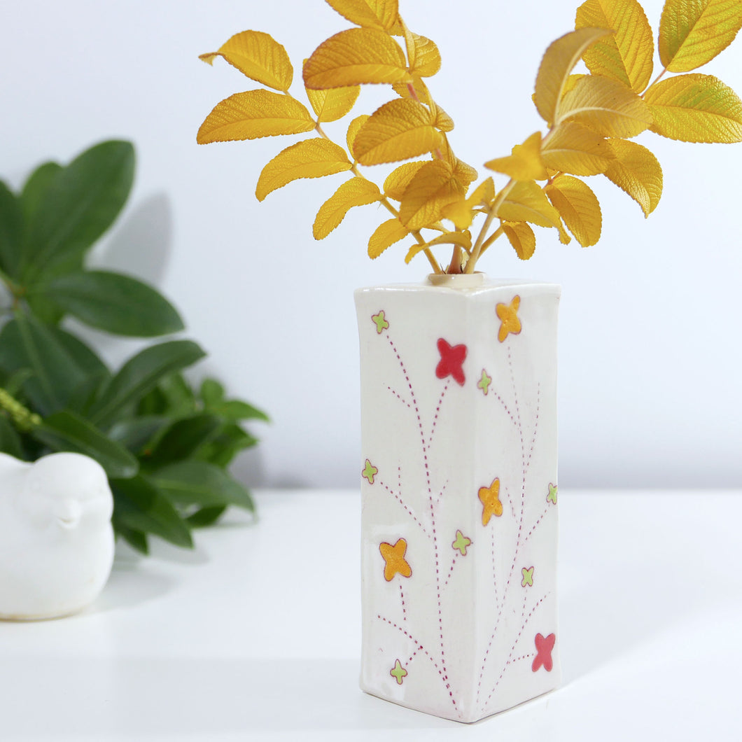 Square Bud Vase Flower Tree in Light Red, Yellow and Chartruse (lg)